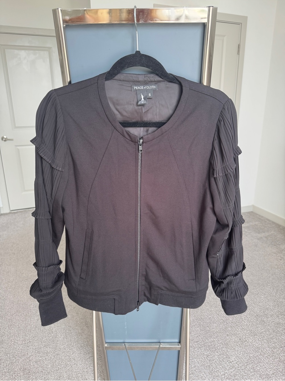 Peace of Cloth Black Bomber Jacket with Pleated Ruffle Sleeves Size Small